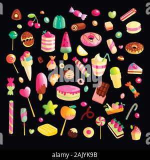 Süße cartoon Candy eingestellt. Sammlung von Süßigkeiten, Cartoon Stil. Gelee, Süßigkeiten, Kuchen, süße Krapfen und Marmelade. Riesige Menge von Cartoon doodle Form Bonbons Stock Vektor