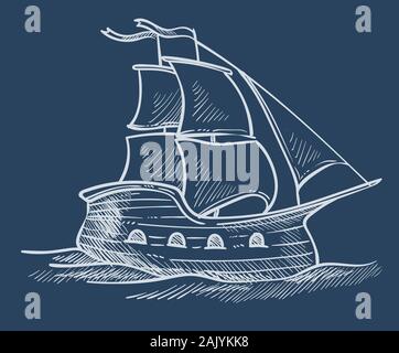 Schiff oder Segelboot Skizze, Seetransport, Segeln oder Reisen Stock Vektor