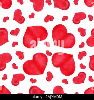 Aquarell rote Herzen Hintergrund, nahtlose Repeat Pattern mit roten Herzen auf weißem Hintergrund, Valentines Tag Stockfoto