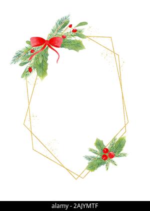 Golden polygonalen Weihnachten Rahmen mit botanischen Elemente. Festliche weihnachten Komposition mit mit Ilex, Holly, Mistel, roten Beeren und rote Schleife ha Stockfoto