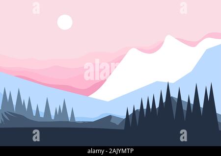 Berg und Wald, Winterlandschaft, Pinien und Felsen Stock Vektor