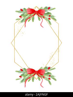 Doppel sechseckiger geometrischer Weihnachten Rahmen mit botanischen Dekorationen. Golden festliche x-mas Grenze mit Ilex, rote Beeren, Fichten Zweigen und Red Ribbon Stockfoto