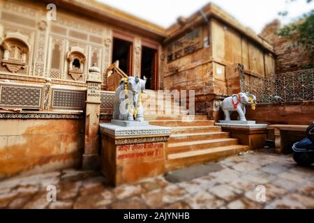 Tilt Shift Objektiv - laxminath Tempel von Jaisalmer, gewidmet der Anbetung der Götter Lakshmi und Vishnu. Jaisalmer Fort, ist in der Stadt Ja gelegen Stockfoto