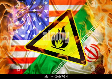 Warnzeichen vor Flaggen des Iran und der USA, US-Iran-konflikt Stockfoto