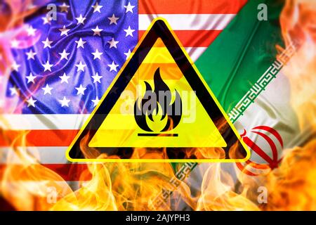 Warnzeichen vor Flaggen des Iran und der USA, US-Iran-konflikt Stockfoto