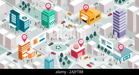 Isometrische Stadtplan mit Menschen, Gebäude und Pin Pointer: die lokale Wirtschaft fördern und die GPS-Navigation Konzept Stock Vektor