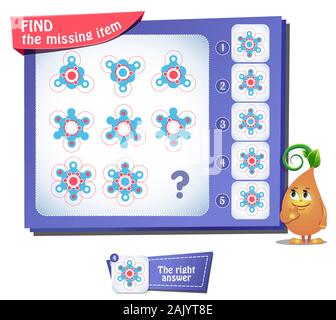 Lernspiel für Kinder und Erwachsene, Puzzle. Entwicklung von Logik, iq. Aufgabe brainteaser finden das fehlende Element Stock Vektor