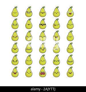 Sammlung von kawaii Birne Obst emoticons Cartoons isoliert auf weißem Stock Vektor