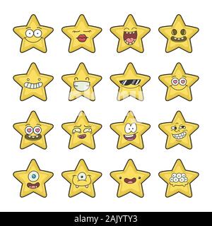 Sammlung von gelben Sterne emoticons Cartoons isoliert auf weißem Stock Vektor