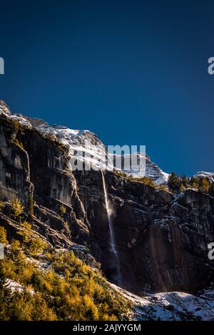 Bunte grünen und gelben Wald vor einer beeindruckenden schneebedeckten Berge in den Schweizer Alpen Stockfoto