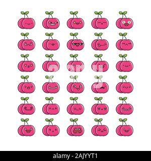 Sammlung von Kawaii cherry Früchte emoticons Cartoons isoliert auf weißem Stock Vektor