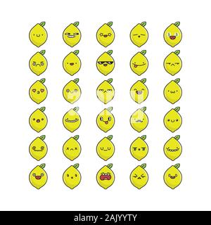 Sammlung von kawaii Zitrone fruitemoticons Cartoons isoliert auf weißem Stock Vektor