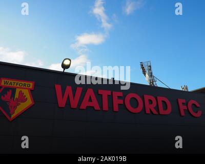 FC Watford Zeichen an der Vicarage Road - Watford Stockfoto