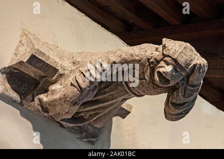 Wasserspeier in Form eines Mittelalterlichen Mönch aus das königliche Schloss in Blois. Frankreich. Gotische wasserspeier wie der mittelalterliche Mensch. Alte vintage Gargoyle close-up. Stockfoto