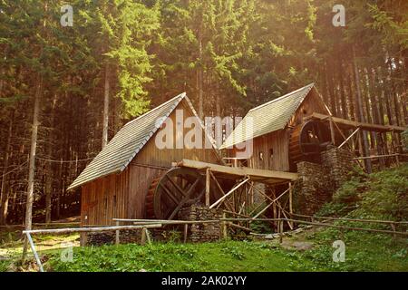 Golderzmühlen, Freilichtmuseum. Historische Wassermühlen mit Mühlenrädern und Antrieb, im Wald, sonnig Stockfoto