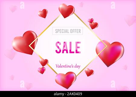 3D-Vektor saint Valentinstag goldene Rahmen auf bunten Hintergrund mit Vector Herzen. Konzept Verkauf Angebot Stock Vektor
