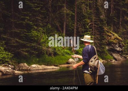 Eine Fliege Fischer die Fischerei auf wilde Forellen auf dem Berg River im Wald im Norden von Idaho. Stockfoto