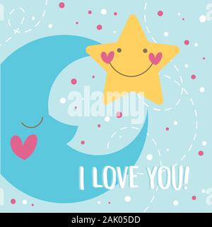 Valentines Tag Karte mit Mond und Stern Kawaii Stock Vektor
