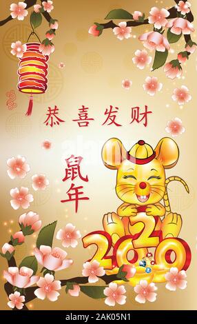 Happy Chinese New Year 2020. Blumen Grusskarten mit Text auf Chinesisch. Ideogramme Übersetzung: Herzlichen Glückwunsch und bilden vermögen. Jahr der Ratte. Stockfoto