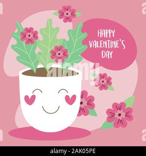 Valentines Tag Karte mit Blumen im Topf Kawaii Stock Vektor