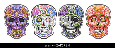 Vektor einrichten von Zucker Schädel für mexikanische Tag der Toten, Sammlung von 4 Schneiden Sie bunte menschlichen Schädeln mit ethnischen floralen Ornament für Dia de los Muert Stock Vektor
