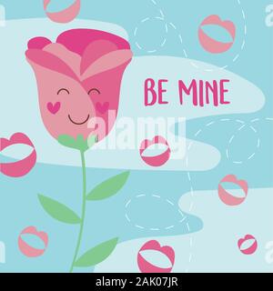 Valentines Tag Karte mit rose Kawaii Stock Vektor