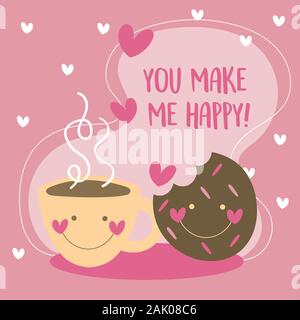 Valentines Tag Karte mit Kaffee und Plätzchen Kawaii Stock Vektor