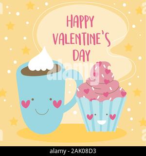 Valentines Tag Karte mit Schokolade und Kuchen Kawaii Stock Vektor