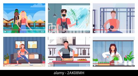 Set blogger Aufnahme online Video vloggers Live Streaming broadcast Social Media Networking blogging Konzept computer Bildschirme Sammlung horizontale Vektor illustration Stock Vektor