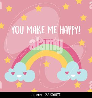 Valentines Tag Karte mit Rainbow und Wolken Kawaii Stock Vektor