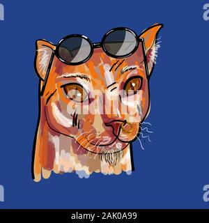 Ein hipster Ginger cat mit Sonnenbrille, an Nase und Narbe im Gesicht ing auf blauem Hintergrund. Vector Illustration. Stock Vektor