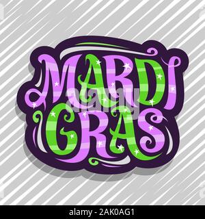 Vektor logo für Mardi Gras Carnival, dunkle Abzeichen mit Design gedeiht und Curly kalligrafischen Schrift, dekorative Kunst Beschilderung mit ursprünglichen Bürste Typ fo Stock Vektor
