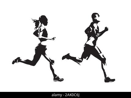 Laufender Mann und Frau, Tuschezeichnungen, isolierte Vektor Silhouetten. Laufen, Seitenansicht Stock Vektor