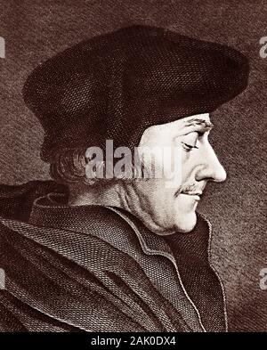 Gravieren von Desiderius Erasmus Roterodamus (1466-1536), in der Regel bezeichnet als Erasmus von Rotterdam oder einfach Erasmus. Erasmus war ein niederländischer Philosoph, Bibelübersetzer und christlich-humanistische weithin als einer der größten Gelehrten der nördlichen Renaissance. Stockfoto