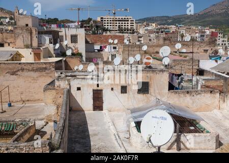 Viele Satellitenschüsseln auf den Dächern von Gebäuden in Fes (auch bekannt als Fez), Marokko Stockfoto