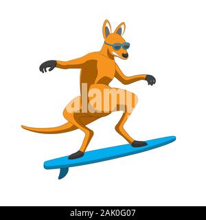 Der Charakter ist ein Känguru Tier Surfen in Sonnenbrille auf einem weißen Hintergrund. Vektor Bild. Cartoon Stock Vektor