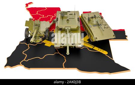 Bekämpfung der Fahrzeuge auf angolanischen Karte. Die militärische Verteidigung von Angola Konzept, 3D-Rendering auf weißem Hintergrund Stockfoto