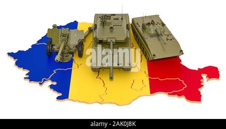 Bekämpfung der Fahrzeuge auf rumänischen Karte. Die militärische Verteidigung des Rumänien Konzept, 3D-Rendering auf weißem Hintergrund Stockfoto