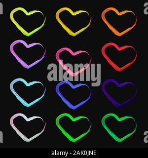Herz auf schwarzem Hintergrund isoliert. Sammlung von zwölf Herzen in verschiedenen Farben. Bunte Herzen formen. Valentines Tag. Vektor Stock Vektor