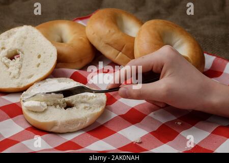 Ein studio Foto der Ausbreitung von Frischkäse auf einer offenen plain Bagel. Stockfoto