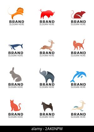 Sammlung tierischen Logo, Stier, Löwe, Delphin, Hund, Ratte, Wal Katze Elefant hase Antilope Rotwild Stock Vektor