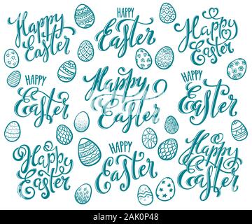 Große hand geschrieben Frohe Ostern Phrasen. Grußkarte text Vorlagen mit Ostereiern. Poster mit handdrawn Schriftzug. Vector Illustration. Stock Vektor