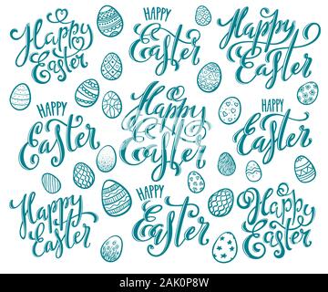 Große hand geschrieben Frohe Ostern Phrasen. Grußkarte text Vorlagen mit Ostereiern. Poster mit handdrawn Schriftzug. Vector Illustration. Stock Vektor