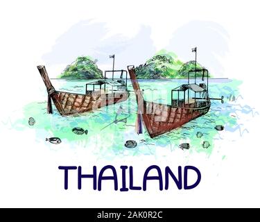 Poster Karte Zusammensetzung von Thailand themed Hand gezeichnete Skizze stil Landschaft mit Boote auf weißem Hintergrund. Vector Illustration. Stock Vektor