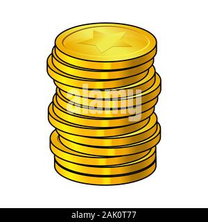 Stapel von Goldmünzen cartoon Vector Illustration auf weißem Hintergrund. Cash Heap, Goldene Säule Geld stack. Münzen mit dem Bild des Sterns. Stock Vektor