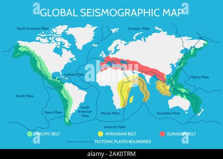 Welt seismographische Karte mit Erdbeben Pacific Afroasian und Eurasischen Riemen und der tektonischen Platten. Vector Illustration. Stock Vektor