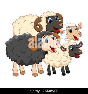 Farm Animal Gruppe Familie. weiße Schafe, Lamm, schwarz ram-Design auf weißem Hintergrund. Cute Cartoon Tiere Sammlung Vector Illustration Stock Vektor