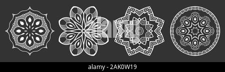 Satz von vier abstrakte runden Ornamente. Dekorative Muster auf schwarzen Hintergrund isoliert. Tribal ethnische Motive. Mandala, ethnischen orientalische Muster. Stock Vektor