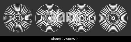 Satz von vier abstrakte runden Ornamente. Dekorative Muster auf schwarzen Hintergrund isoliert. Tribal ethnische Motive. Stilisierte Sonne Symbole. Schablone tattoo Stock Vektor