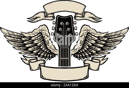 Abbildung: winged Guitar mit Bändern auf weißem Hintergrund. Design Element für Poster, Banner, Zeichen, Emblem. Vector Illustration Stock Vektor